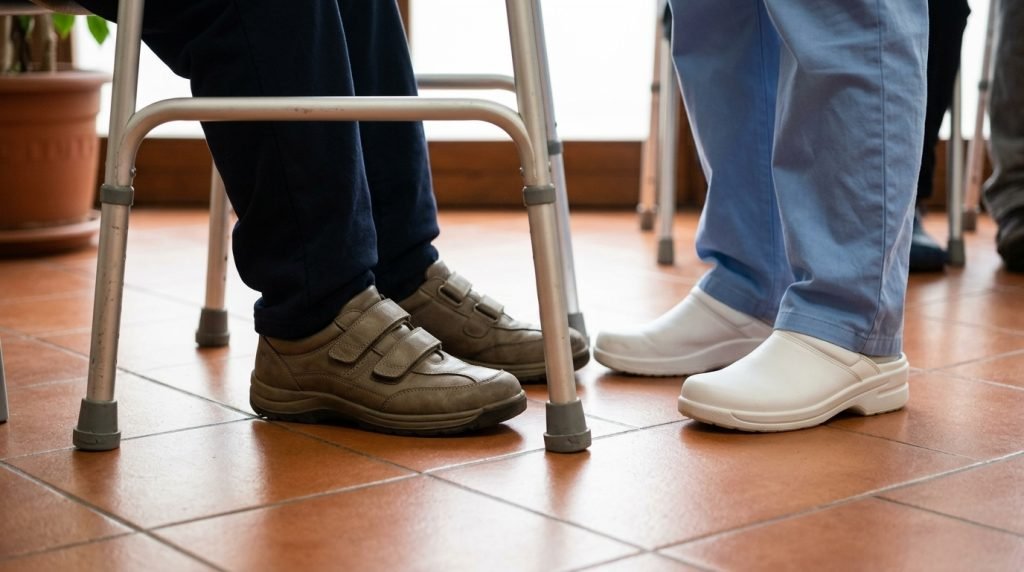 Persona anziana con deambulatore assistita da un operatore