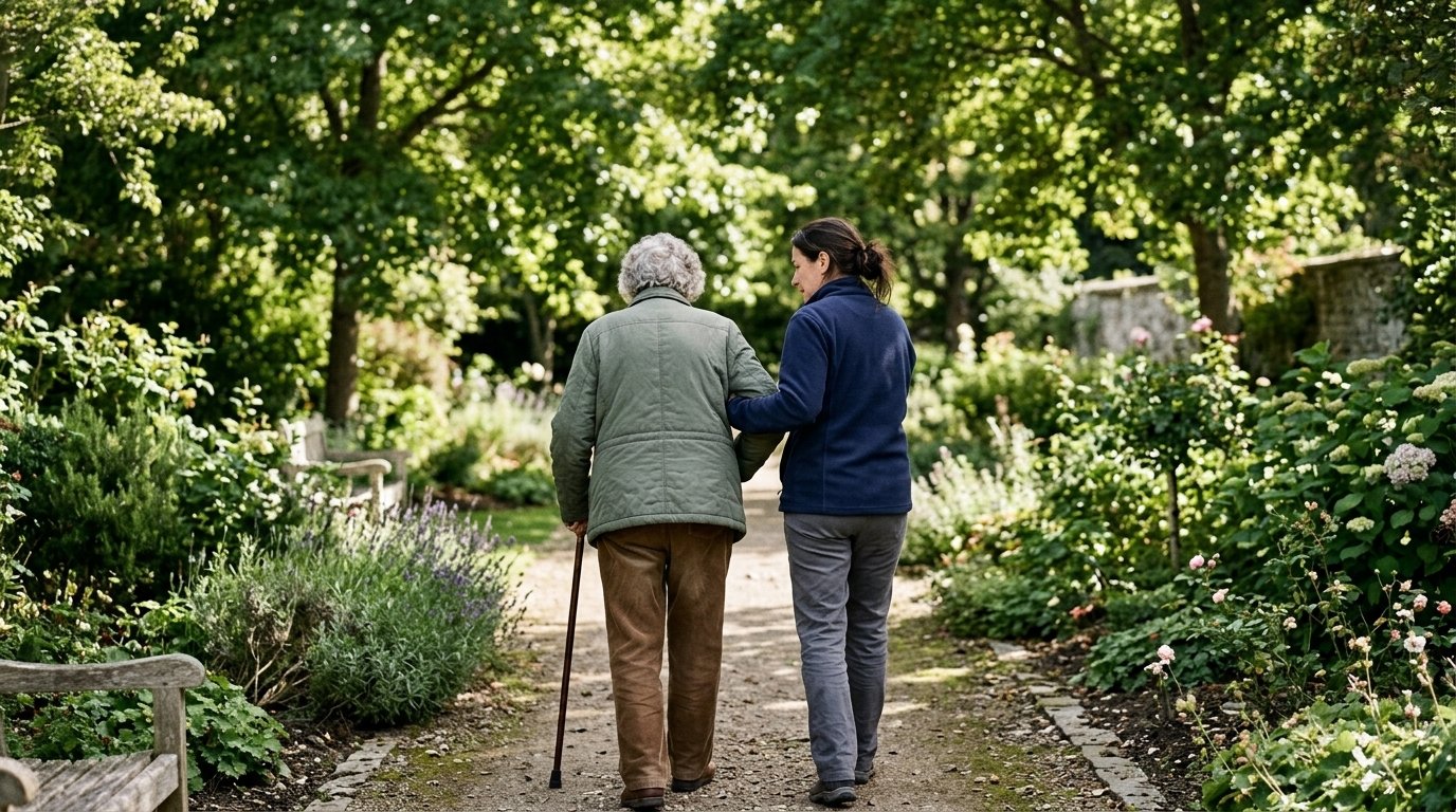 Operatrice accompagna una persona anziana a passeggio in giardino