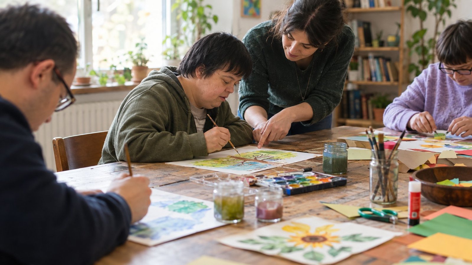 Educatrice e persone con disabilità durante un laboratorio di pittura